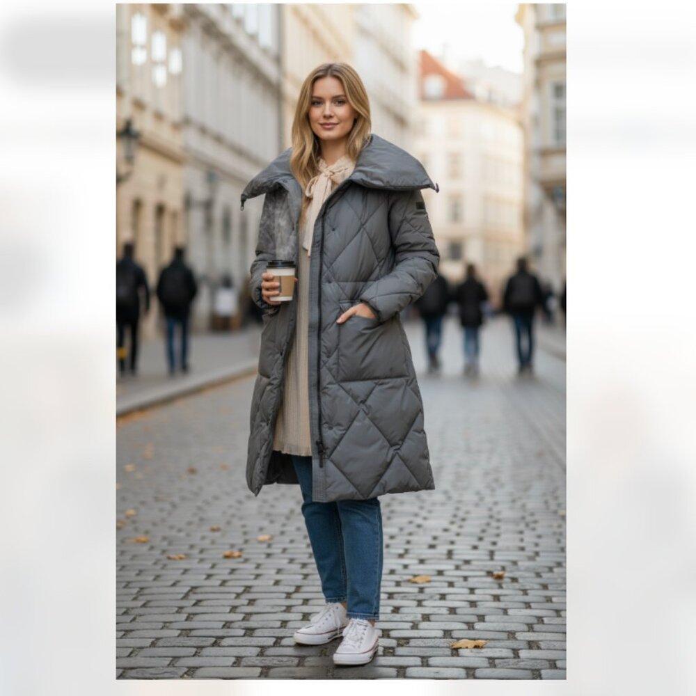 NWT DKNY Pillow Collar Diamond Quilt Long Puffer jacket oversized XL Gray